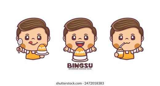 cute cartoon mascot design with korean shaved ice bingsu, cartoon illustration with different poses and expressions.