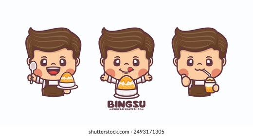 cute cartoon mascot design with korean shaved ice bingsu. for culinary businesses, brand logos, stickers, cartoon identities, stickers, icons, etc.