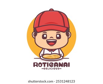 design de mascote de desenho animado bonito com roti canai, ilustração vetorial em estilo de contorno.