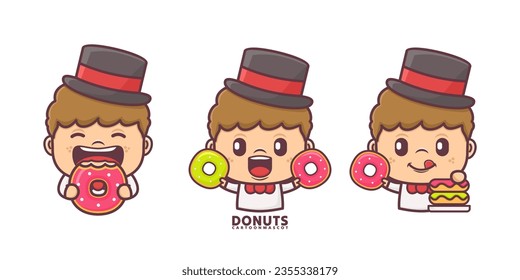 cute cartoon mascot with donuts. set cartoon vector with different expressions, suitable for, logo brand, stickers, icons, etc.