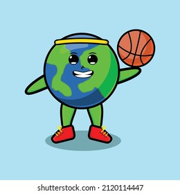 Cute cartoon mascot earth playing basketball in modern style design for t-shirt, sticker, logo elements