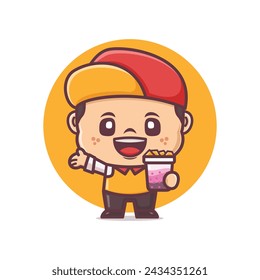 cute cartoon mascot with es teler, Indonesian iced traditional drink. vector illustration in outline style