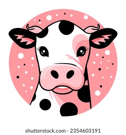 Cute cartoon mascot of farm cow in pink circle isolated on white. Livestock face vector illustration. Dairy and milk, beef production and industry. Agriculture, farming, cattle breeding concept. Logo.