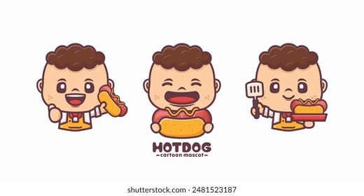 cute cartoon mascot with hot dog, cartoon illustration with different poses and expressions. 