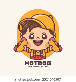 cute cartoon mascot with hotdog. Vector illustration for culinary business, brand logo, sticker, cartoon identity, icon, etc.