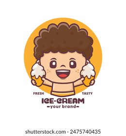 Cute cartoon mascot with ice cream, vector illustration for culinary industry, cartoon logo, sticker, icon.