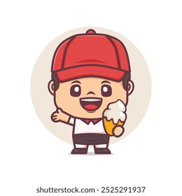 Cute cartoon mascot with ice cream. Vector illustration in outline style