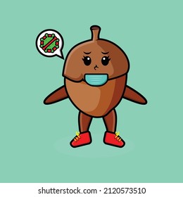 Cute cartoon mascot illustration acorn using mask to prevent virus in cute modern style design