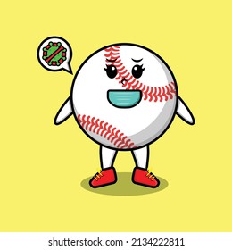 Cute cartoon mascot illustration baseball ball using mask to prevent corona virus in cute modern style design