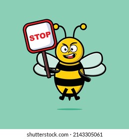 Cute Cartoon mascot illustration bee with stop sign board vector drawing cute modern style design