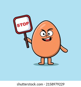 Cute Cartoon mascot illustration brown cute egg with stop sign board vector drawing