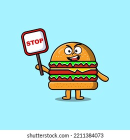 Cute Cartoon mascot illustration Burger with stop sign board vector drawing