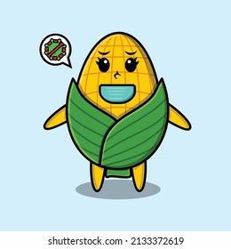 Cute cartoon mascot illustration corn using mask to prevent corona virus in cute modern style design