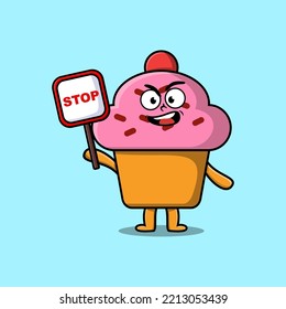 Cute Cartoon mascot illustration Cupcake with stop sign board vector drawing