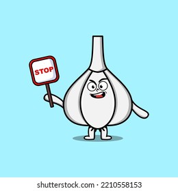 Cute Cartoon mascot illustration Garlic with stop sign board vector drawing