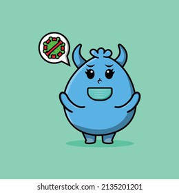 Cute cartoon mascot illustration goblin monster using mask to prevent corona virus