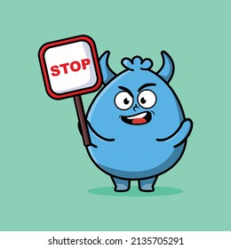 Cute Cartoon mascot illustration goblin monster with stop sign board vector drawing