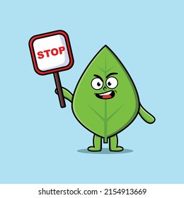 Cute Cartoon mascot illustration green leaf with stop sign board vector drawing cute modern style  