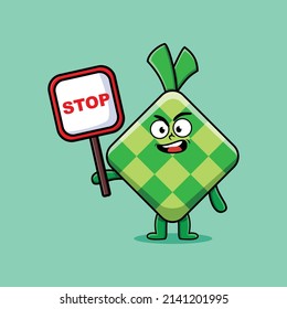 Cute Cartoon mascot illustration ketupat with stop sign board vector drawing cute modern style
