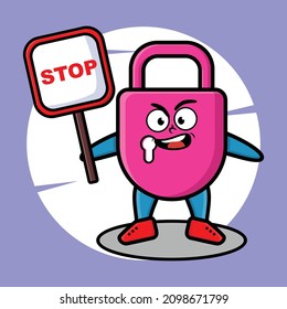 Cute Cartoon mascot illustration lock with stop sign board vector drawing cute modern style design for t shirt, sticker, logo element for t-shirt, sticker, logo element