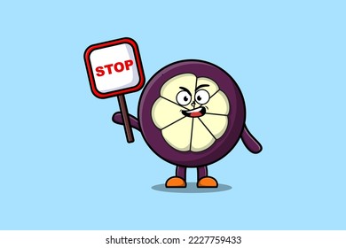 Cute Cartoon mascot illustration Mangosteen with stop sign board vector drawing