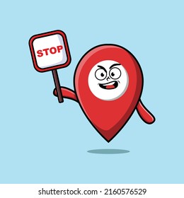 Cute Cartoon mascot illustration pin location with stop sign board vector drawing 