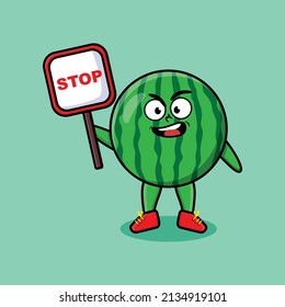 Cute Cartoon mascot illustration watermelon with stop sign board vector drawing