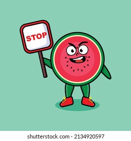 Cute Cartoon mascot illustration watermelon with stop sign board vector drawing
