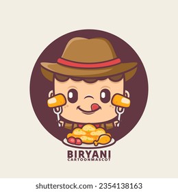 cute cartoon mascot with indian food biryani rice. vector illustrations with outline style, suitable for, logo brand, stickers, icons, etc.