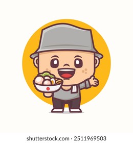 Cute cartoon mascot with indonesian food bakso. Vector illustration in outline style