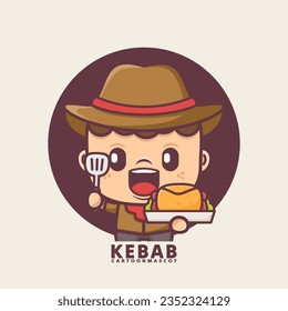 cute cartoon mascot with kebab. vector illustrations with outline style, suitable for, logo brand, stickers, icons, etc.