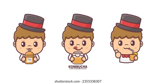 cute cartoon mascot with kombucha. set cartoon vector with different expressions, suitable for, logo brand, stickers, icons, etc.
