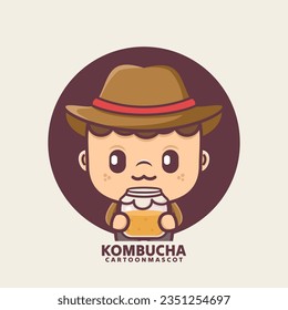 cute cartoon mascot with kombucha. vector illustrations with outline style, suitable for, logo brand, stickers, icons, etc.