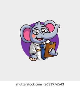 Cute cartoon mascot logo of an elephant as a manager or data analyst.