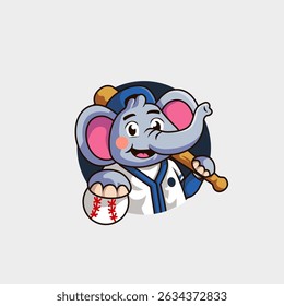 Cute cartoon mascot logo of an elephant holding a baseball and baseball bat to become a professional athlete