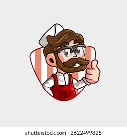 cute cartoon mascot logo of a man with glasses, curly hair, selling food and drinks