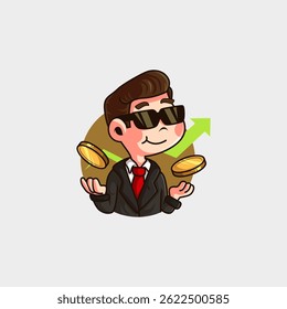 cute cartoon mascot logo of a man in a suit, neat hair and sunglasses, rich teaching about business, earning gold coins