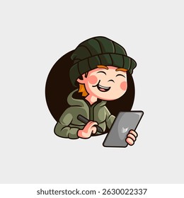 Cute cartoon mascot logo of a man with a head covering working as a digital graphic designer working with his tablet