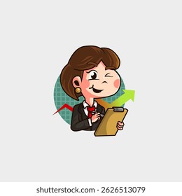 cute cartoon mascot logo of a woman in a suit, short hair analyzing business to make a profit