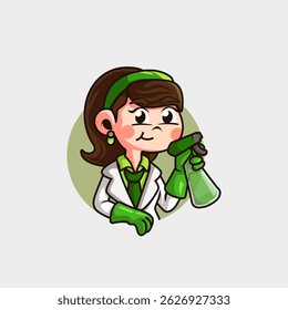 cute cartoon mascot logo of woman with lab coat working as a cleaner carrying green cleaning spray