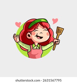 bonitinho mascote de desenho animado logotipo de uma jovem mulher com cabelo rosa ser uma dona de casa chef enquanto segura uma espátula
