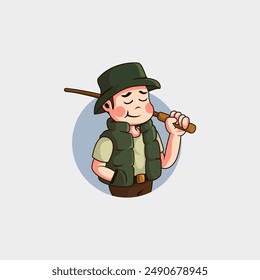 Cute cartoon mascot of a man fishing who feels happy and proud of his catch