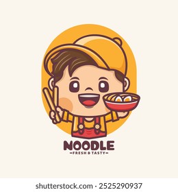 cute cartoon mascot with noodle. Vector illustration for culinary business, brand logo, sticker, cartoon identity, icon, etc.