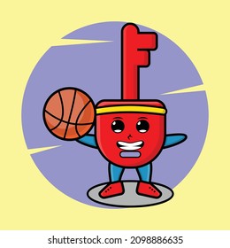 Cute cartoon mascot padlock key playing basketball in modern style design for t-shirt, sticker, logo elements