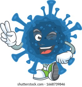 Cute cartoon mascot picture of coronavirus desease with two fingers