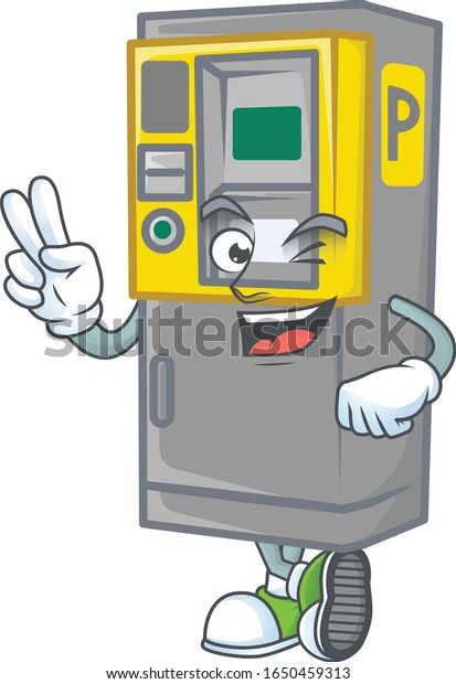 Cute cartoon mascot picture of parking ticket\
machine with two fingers