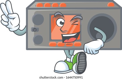 Cute cartoon mascot picture of radio transceiver with two fingers