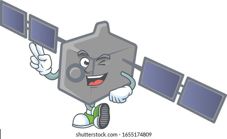 Cute cartoon mascot picture of satellite network with two fingers