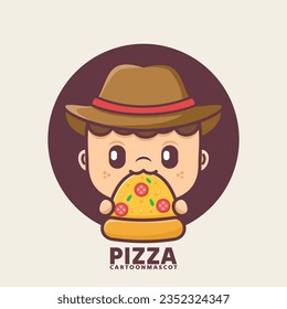 cute cartoon mascot with pizza. vector illustrations with outline style, suitable for, logo brand, stickers, icons, etc.