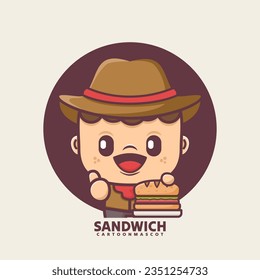 cute cartoon mascot with sandwich. vector illustrations with outline style, suitable for, logo brand, stickers, icons, etc.